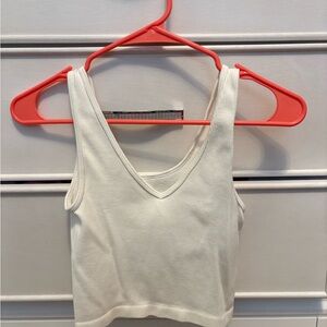 White Ribbed V-Neck Women's Top